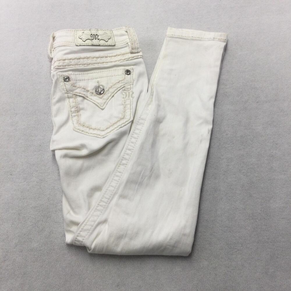 Miss Me Skinny Jeans Womens 26 White Stretch Mid Rise Rhinestone Pockets 26x30